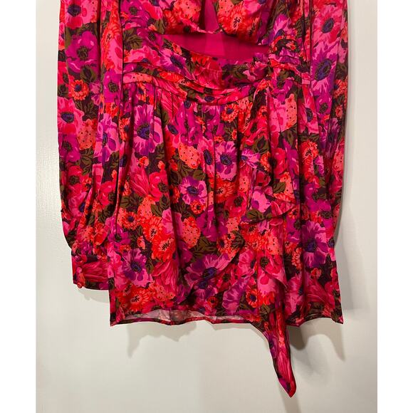 For Love & Lemons Lauren Long Sleeve Mini Dress Red Pink Florals Size XS NWT - Picture 6 of 14